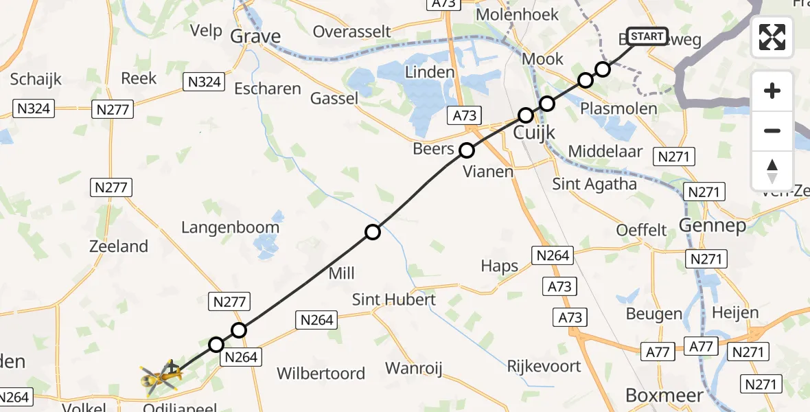 Vluchtroute Traumahelikopter van Breedeweg naar Vliegbasis Volkel
