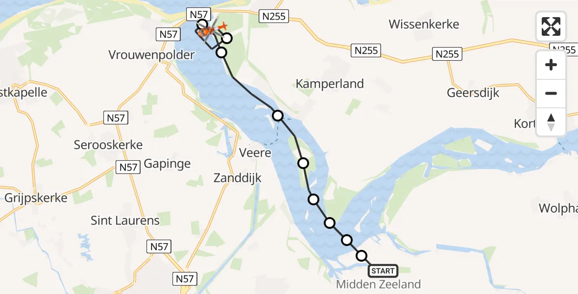 Vluchtroute Kustwachthelikopter van Vliegveld Midden-Zeeland naar Kamperland
