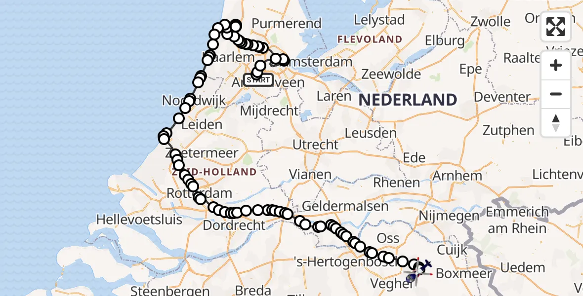 Vluchtroute Politiehelikopter van Amsterdam Vliegveld Schiphol naar Vliegbasis Volkel