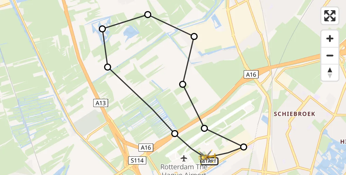 Vluchtroute Traumahelikopter van Rotterdam The Hague Airport naar Rotterdam The Hague Airport