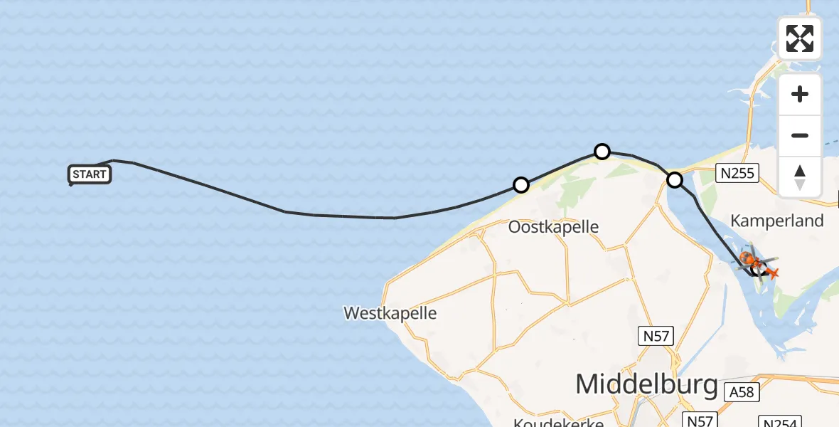 Vluchtroute Kustwachthelikopter van Noordzee naar Kamperland