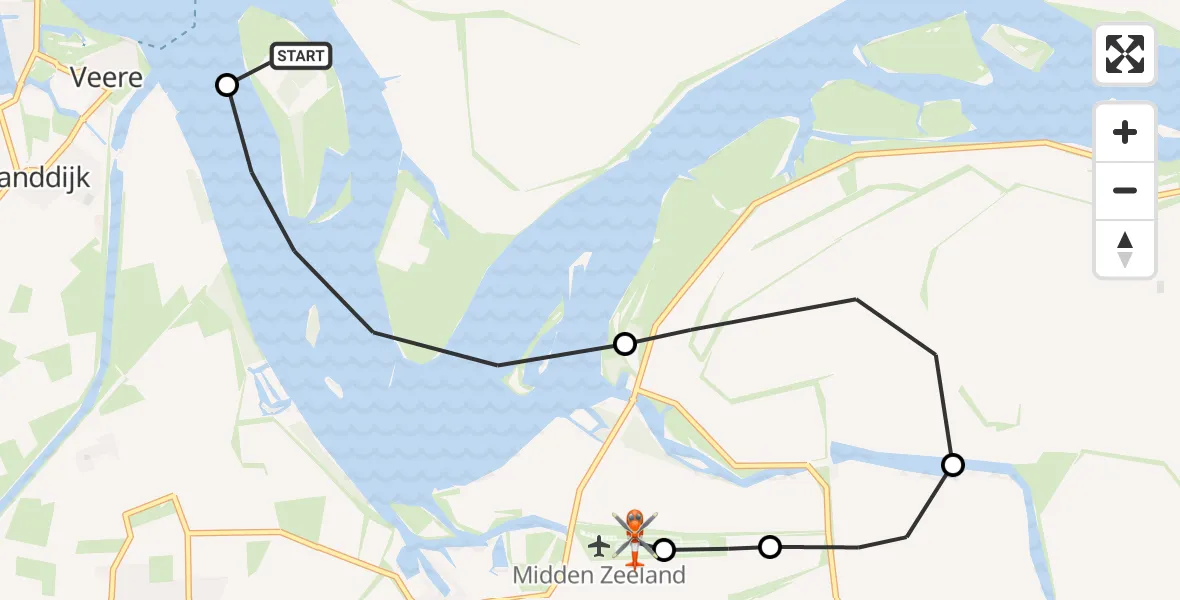 Vluchtroute Kustwachthelikopter van Kamperland naar Vliegveld Midden-Zeeland