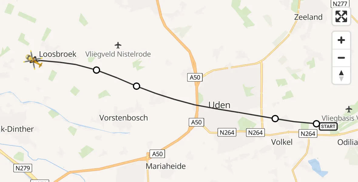 Vluchtroute Traumahelikopter van Vliegbasis Volkel naar Loosbroek
