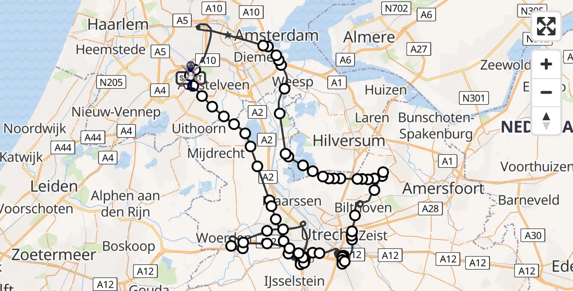 Vluchtroute Politiehelikopter van Amsterdam Vliegveld Schiphol naar Amsterdam Vliegveld Schiphol