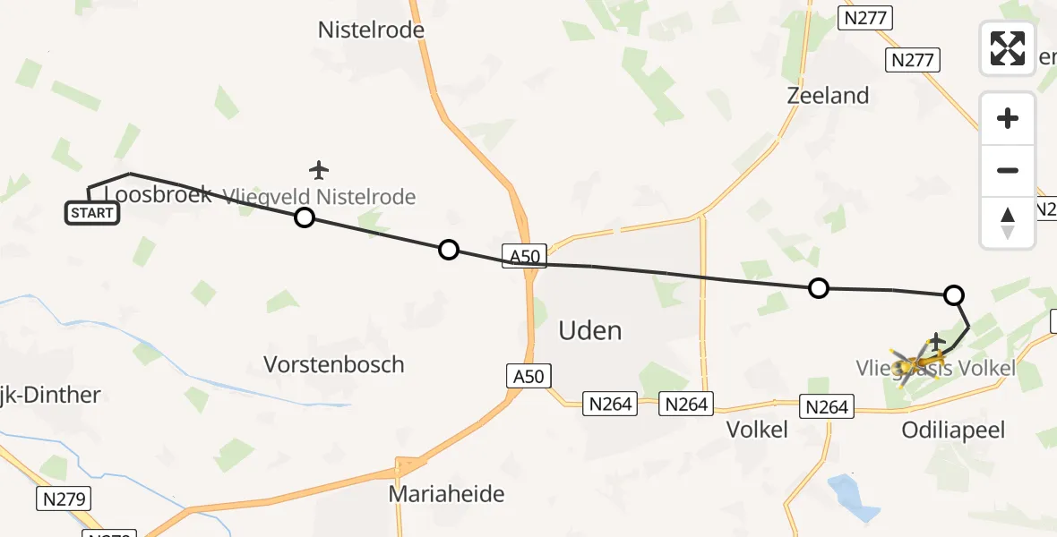 Vluchtroute Traumahelikopter van Loosbroek naar Vliegbasis Volkel
