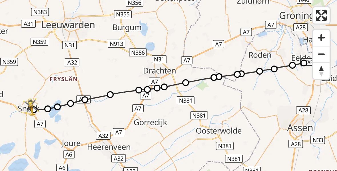 Vluchtroute Traumahelikopter van Groningen Airport Eelde naar Sneek