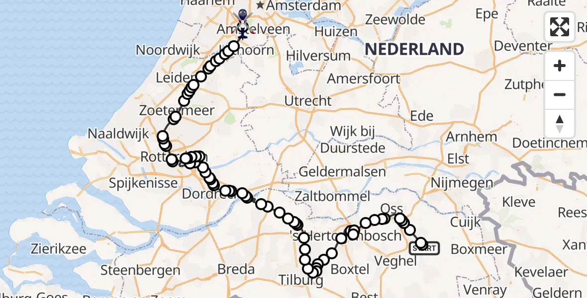 Vluchtroute Politiehelikopter van Vliegbasis Volkel naar Amsterdam Vliegveld Schiphol