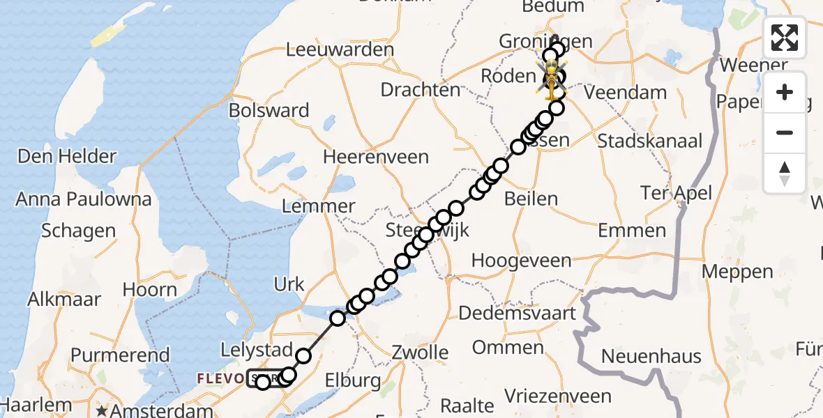 Vluchtroute Traumahelikopter van Lelystad Airport naar Groningen Airport Eelde
