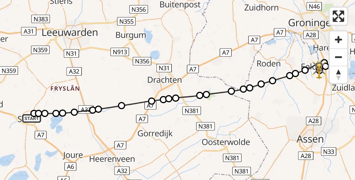 Vluchtroute Traumahelikopter van Sneek naar Groningen Airport Eelde