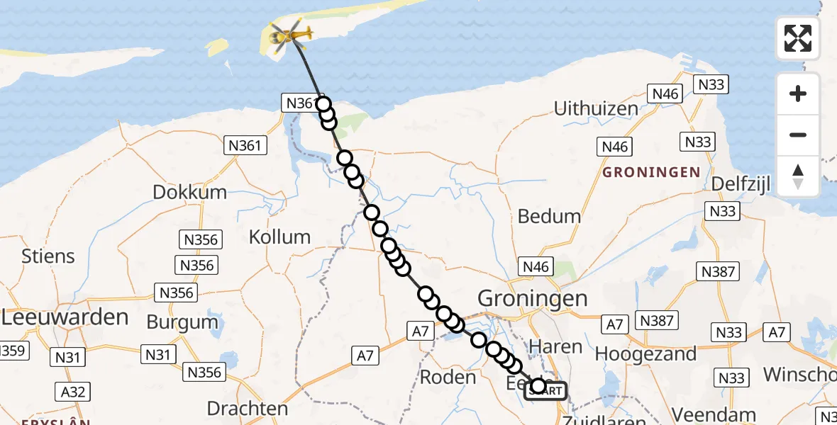 Vluchtroute Traumahelikopter van Groningen Airport Eelde naar Noordzee