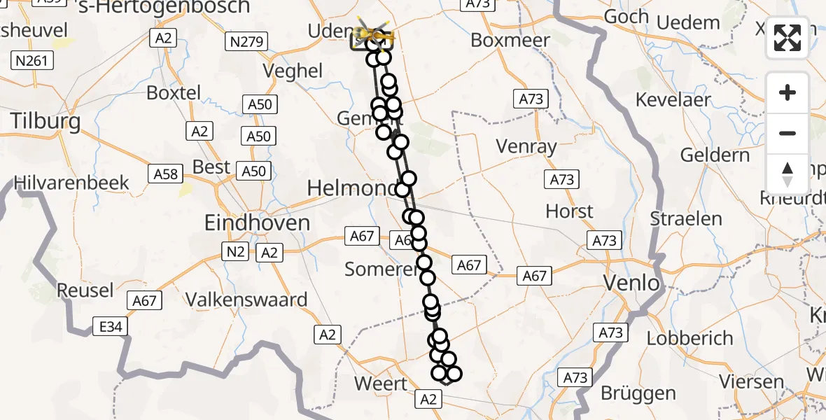 Vluchtroute Traumahelikopter van Vliegbasis Volkel naar Vliegbasis Volkel