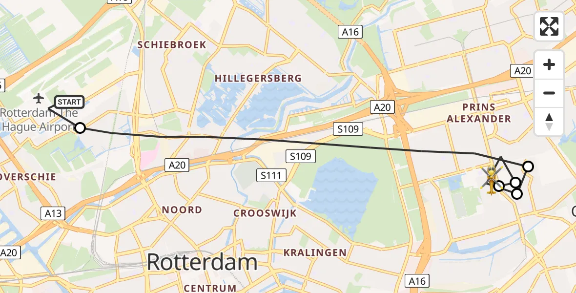 Vluchtroute Traumahelikopter van Rotterdam The Hague Airport naar Rotterdam