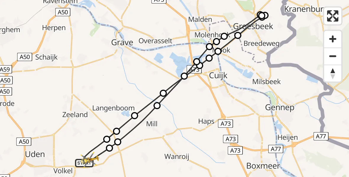 Vluchtroute Traumahelikopter van Vliegbasis Volkel naar Vliegbasis Volkel