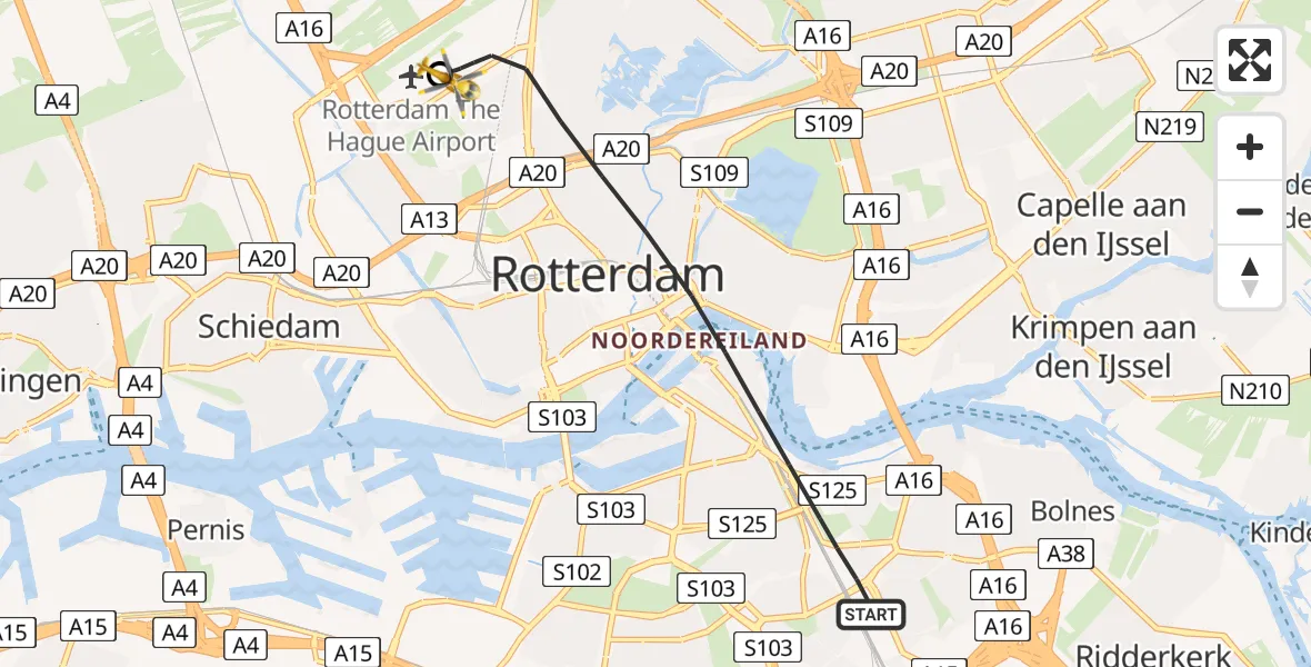 Vluchtroute Traumahelikopter van Rotterdam naar Rotterdam The Hague Airport
