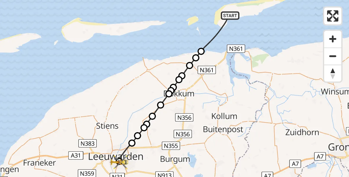 Vluchtroute Traumahelikopter van Noordzee naar Leeuwarden Medical Center Heliport