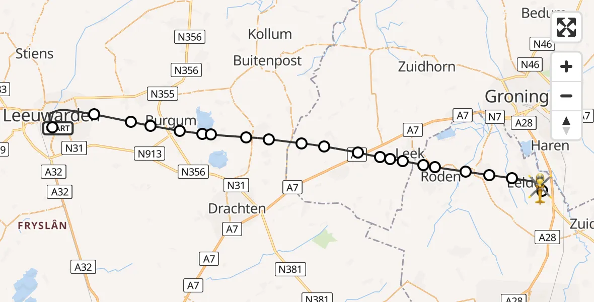 Vluchtroute Traumahelikopter van Leeuwarden Medical Center Heliport naar Groningen Airport Eelde