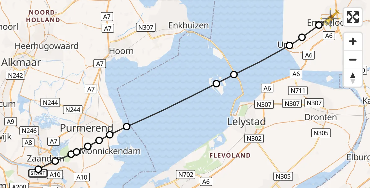 Vluchtroute Traumahelikopter van Amsterdam Heliport naar Emmeloord