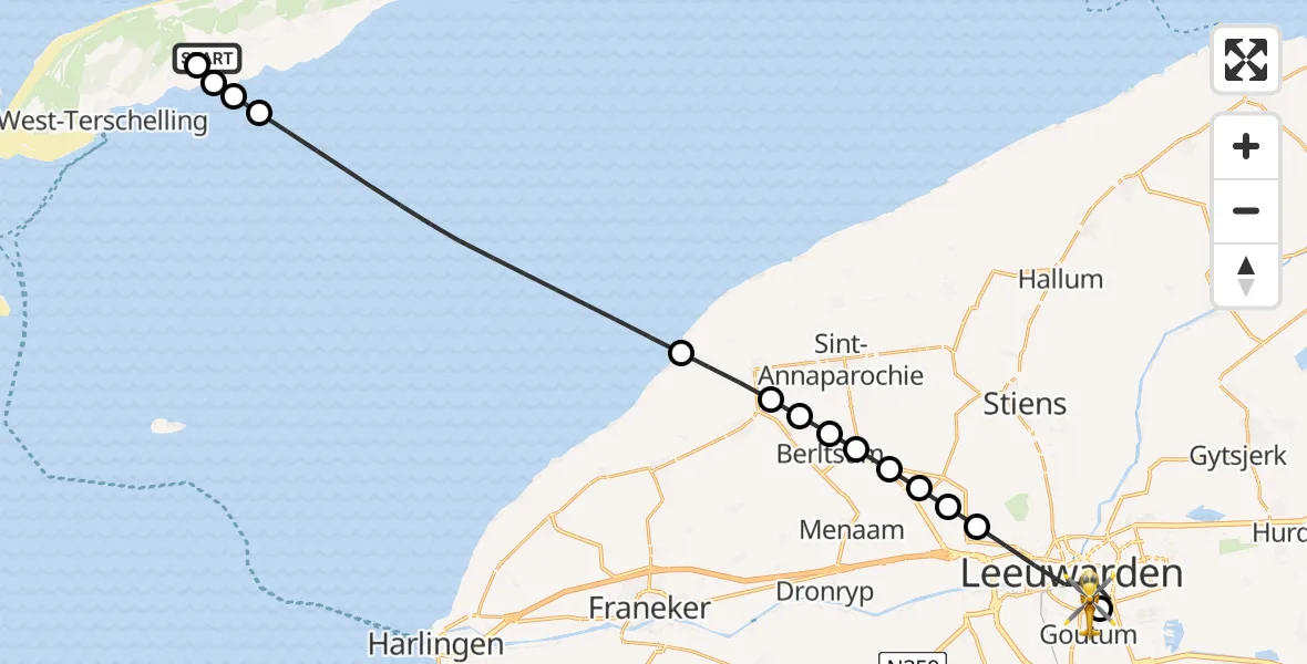 Vluchtroute Ambulancehelikopter van Terschelling Heliport naar Leeuwarden Medical Center Heliport