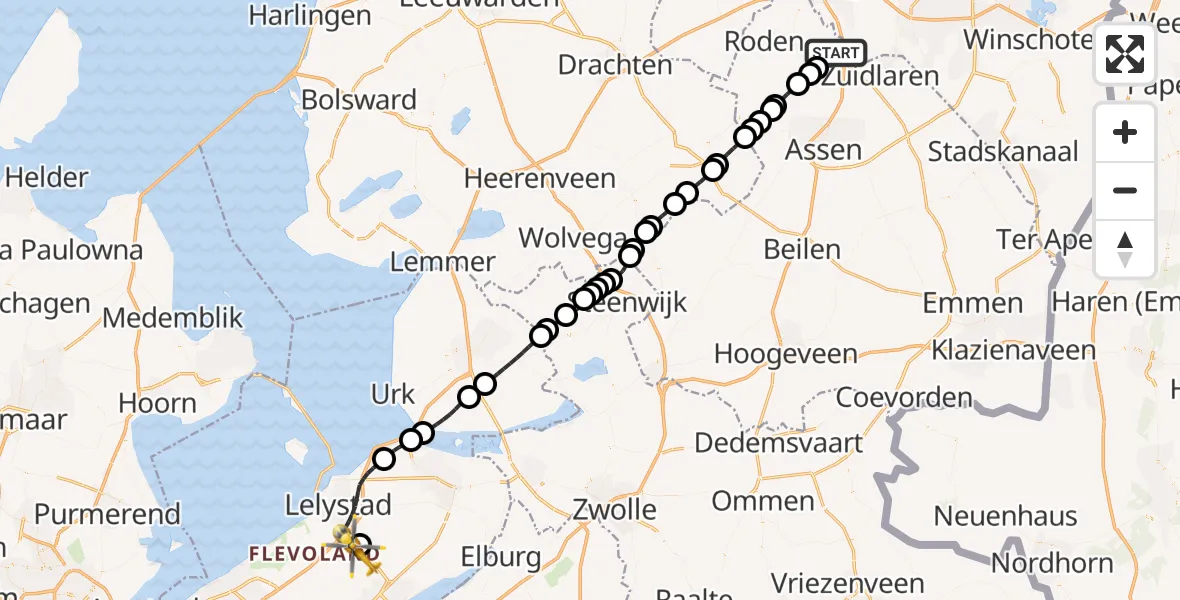 Vluchtroute Traumahelikopter van Groningen Airport Eelde naar Lelystad Airport