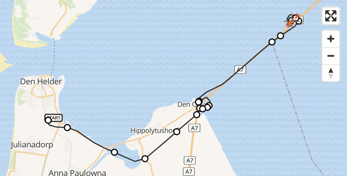 Vluchtroute Kustwachthelikopter van Militair vliegveld De Kooy / Den Helder Airport naar Súdwest-Fryslân