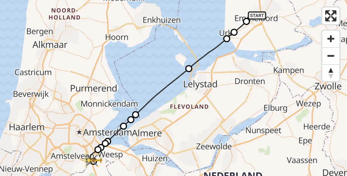 Vluchtroute Traumahelikopter van Emmeloord naar Amsterdam UMC Helipad