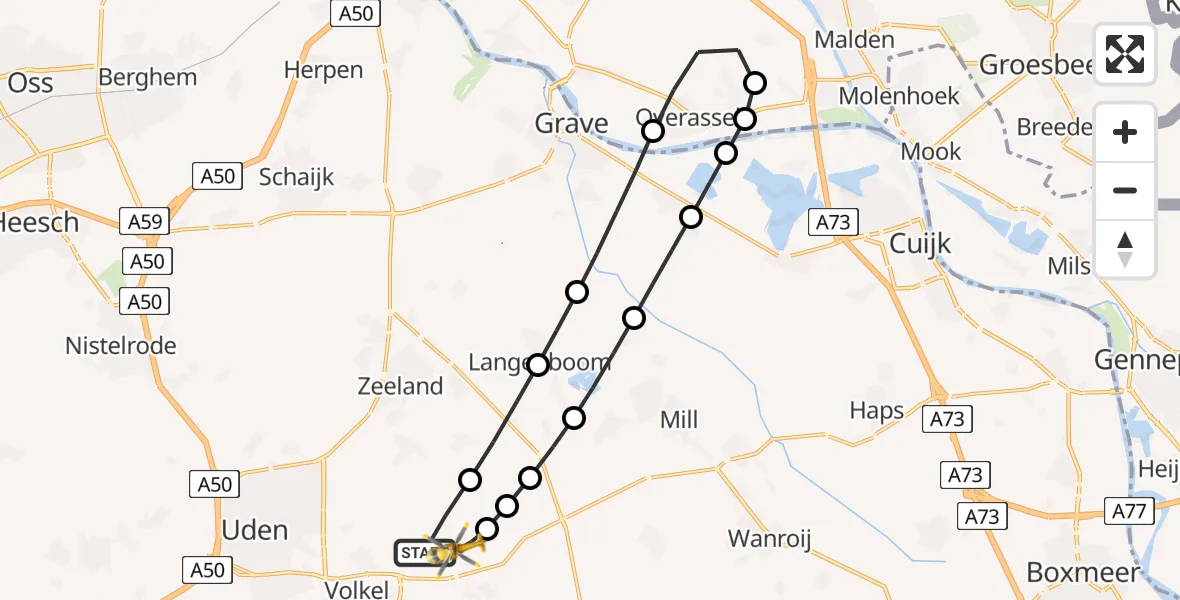 Vluchtroute Traumahelikopter van Vliegbasis Volkel naar Vliegbasis Volkel