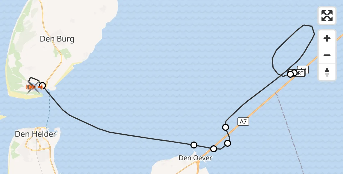 Vluchtroute Kustwachthelikopter van Súdwest-Fryslân naar Den Hoorn