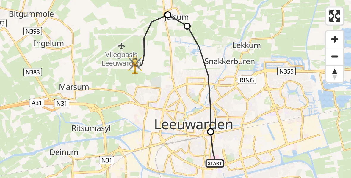 Vluchtroute Ambulancehelikopter van Leeuwarden Medical Center Heliport naar Vliegbasis Leeuwarden