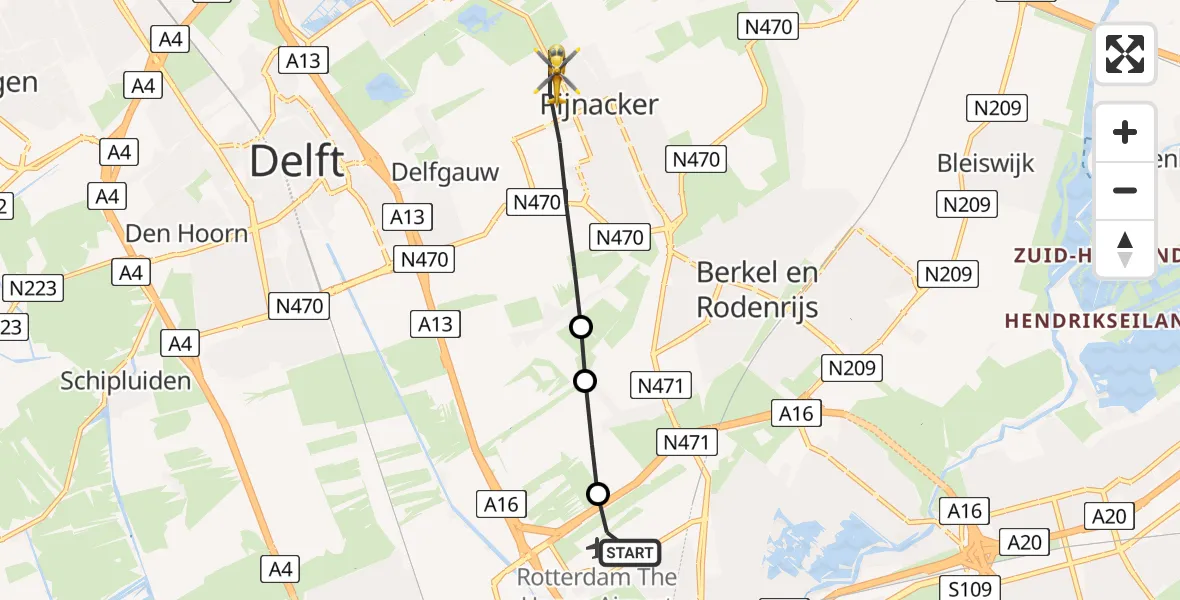 Vluchtroute Traumahelikopter van Rotterdam The Hague Airport naar Pijnacker