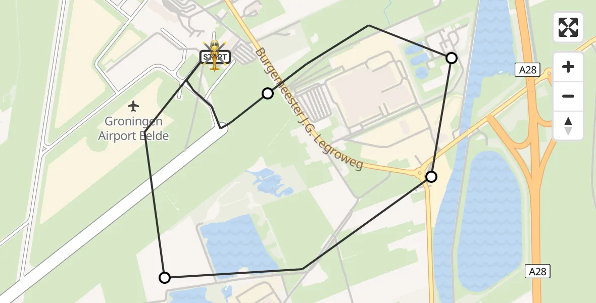 Vluchtroute Traumahelikopter van Groningen Airport Eelde naar Groningen Airport Eelde