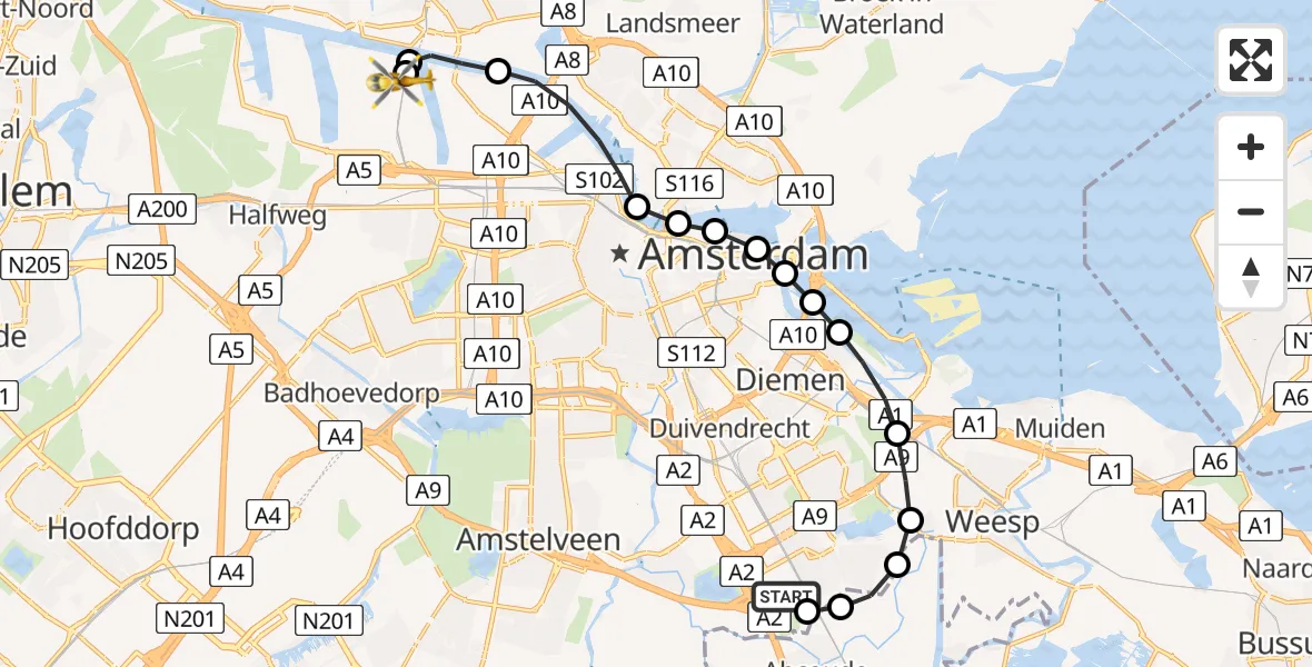 Vluchtroute Traumahelikopter van Amsterdam UMC Helipad naar Amsterdam Heliport