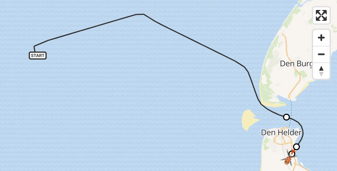 Vluchtroute Kustwachthelikopter van Noordzee naar Militair vliegveld De Kooy / Den Helder Airport