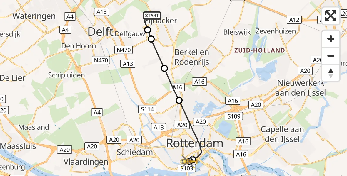 Vluchtroute Traumahelikopter van Pijnacker naar Leids Universitair Medisch Centrum (LUMC)