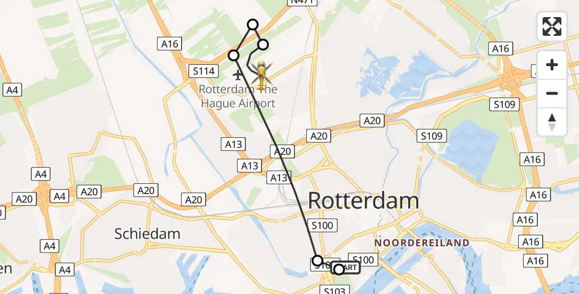 Vluchtroute Traumahelikopter van Leids Universitair Medisch Centrum (LUMC) naar Rotterdam The Hague Airport