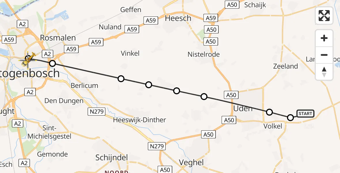Vluchtroute Traumahelikopter van Vliegbasis Volkel naar 's-Hertogenbosch