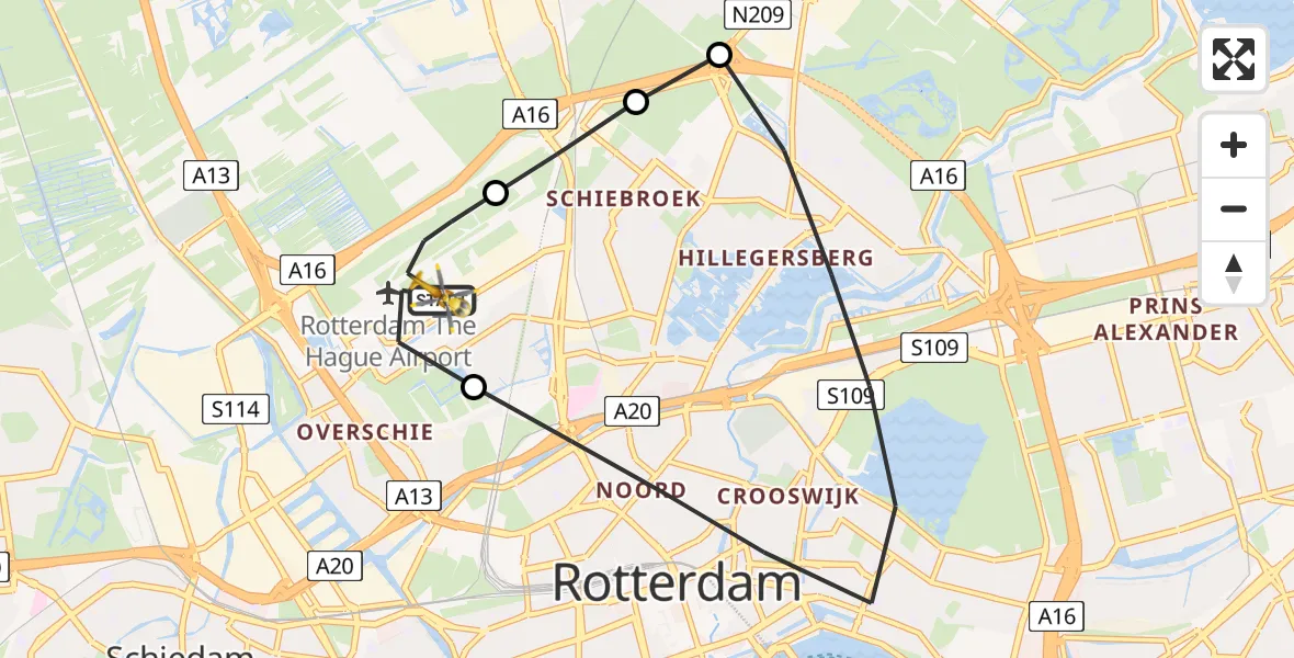 Vluchtroute Traumahelikopter van Rotterdam The Hague Airport naar Rotterdam The Hague Airport