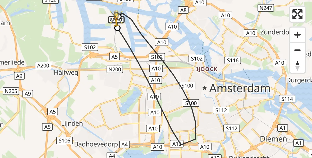 Vluchtroute Traumahelikopter van Amsterdam Heliport naar Amsterdam Heliport