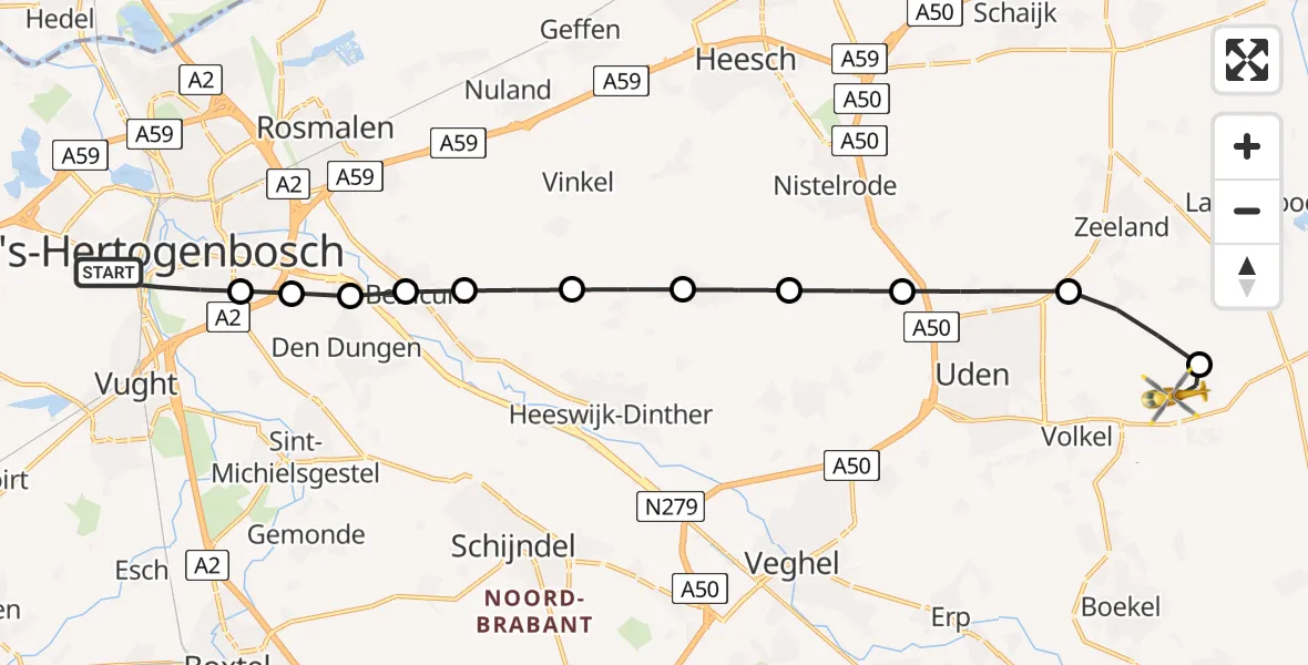Vluchtroute Traumahelikopter van 's-Hertogenbosch naar Vliegbasis Volkel