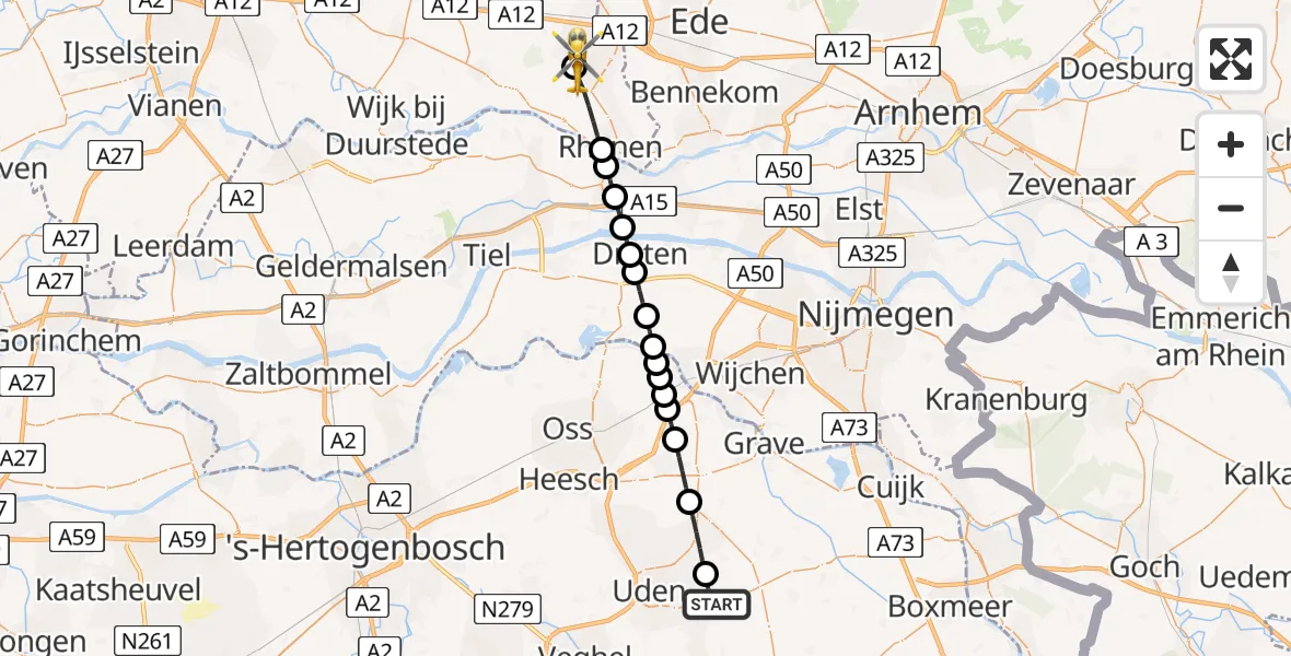 Vluchtroute Traumahelikopter van Vliegbasis Volkel naar Veenendaal