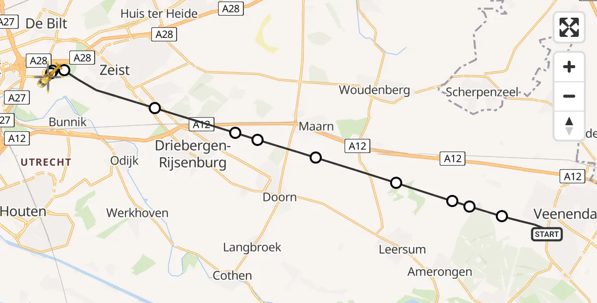 Vluchtroute Traumahelikopter van Veenendaal naar Universitair Medisch Centrum Utrecht