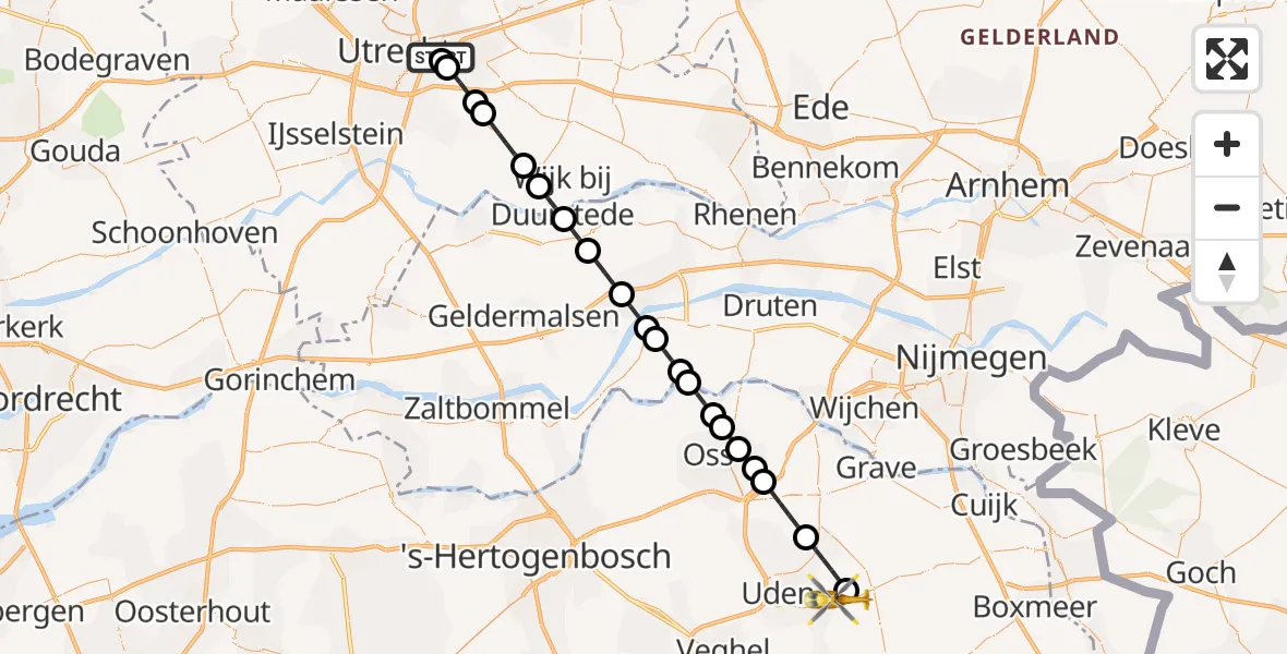 Vluchtroute Traumahelikopter van Universitair Medisch Centrum Utrecht naar Vliegbasis Volkel