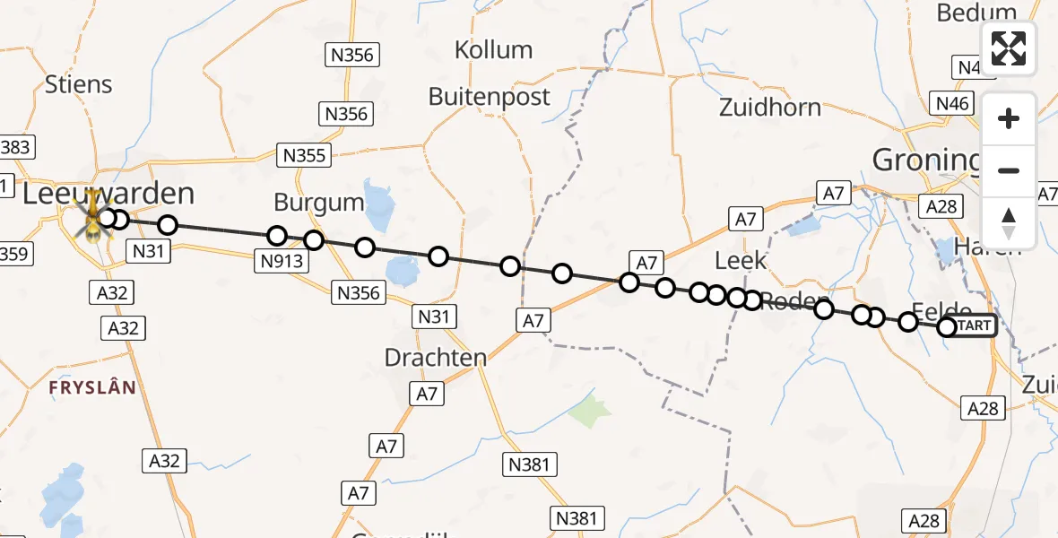 Vluchtroute Traumahelikopter van Groningen Airport Eelde naar Leeuwarden