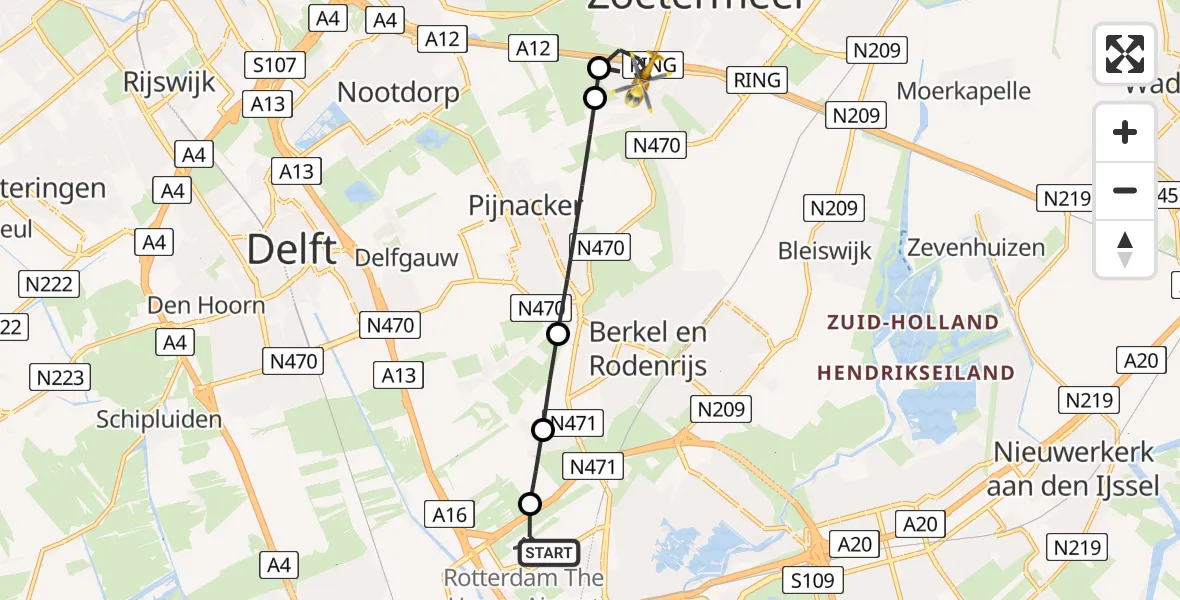 Vluchtroute Traumahelikopter van Rotterdam The Hague Airport naar Zoetermeer