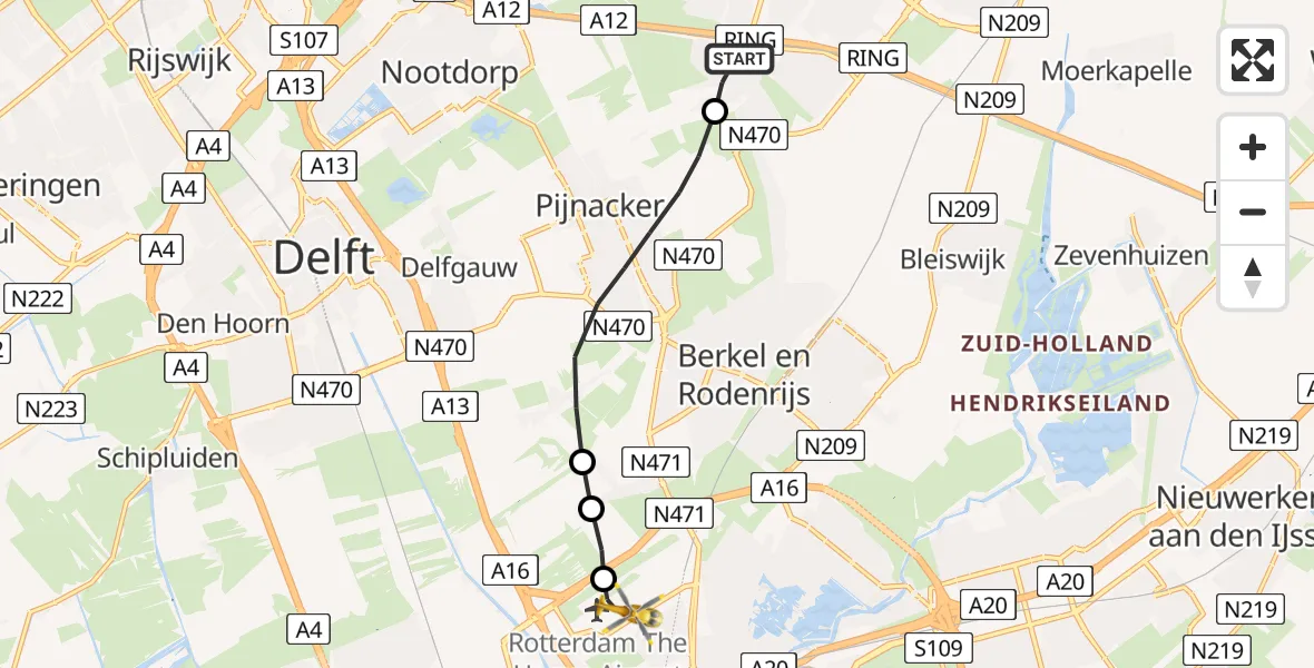 Vluchtroute Traumahelikopter van Zoetermeer naar Rotterdam The Hague Airport