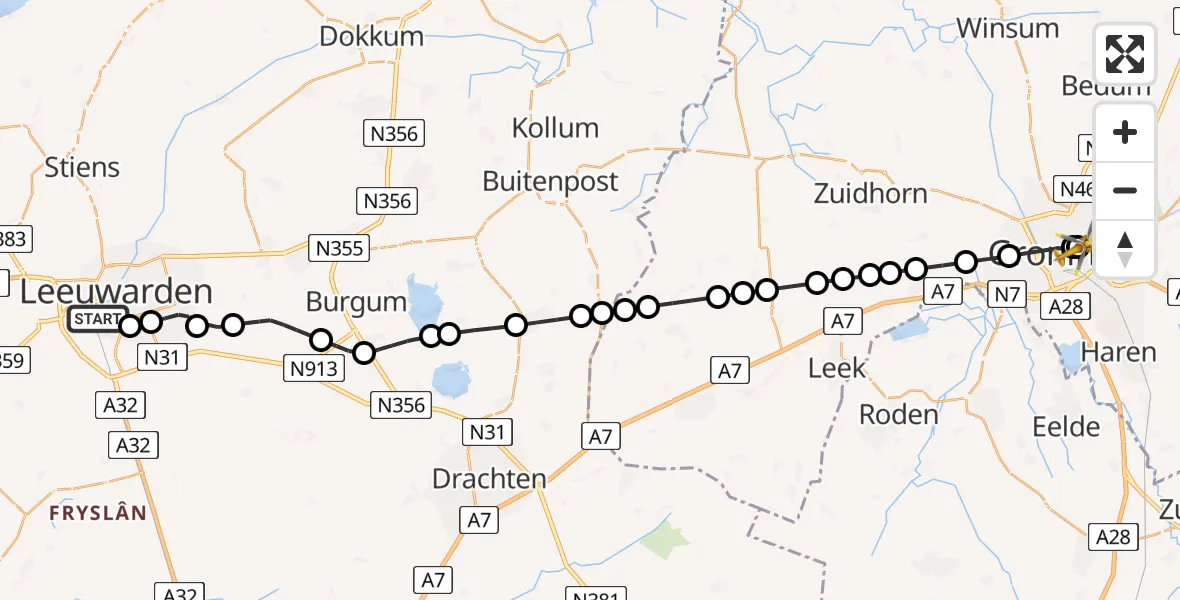 Vluchtroute Traumahelikopter van Leeuwarden naar Universitair Medisch Centrum Groningen