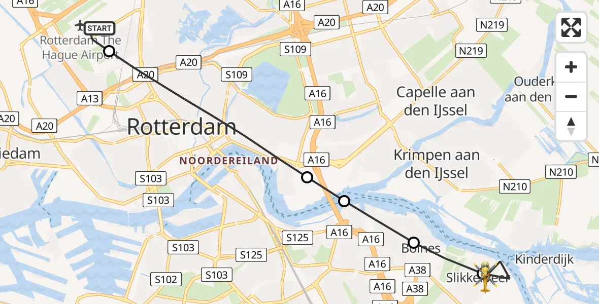 Vluchtroute Traumahelikopter van Rotterdam The Hague Airport naar Slikkerveer