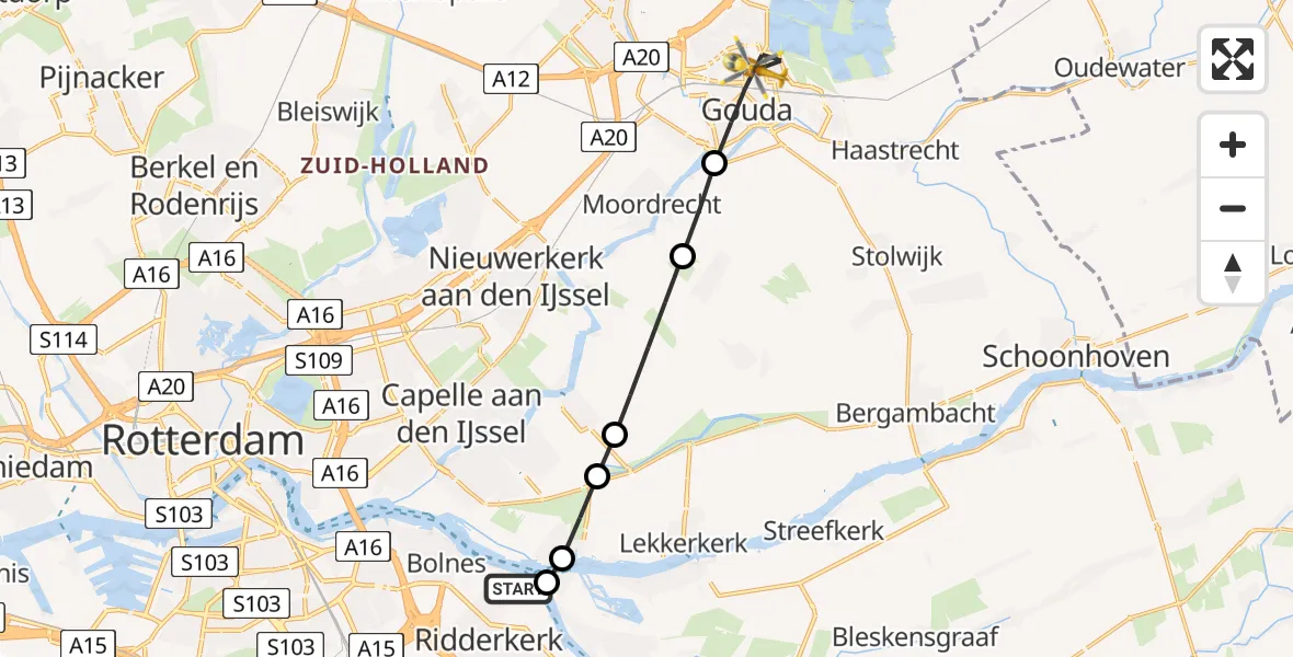 Vluchtroute Traumahelikopter van Slikkerveer naar Gouda
