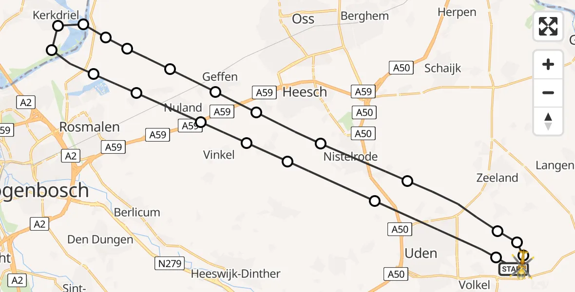 Vluchtroute Traumahelikopter van Vliegbasis Volkel naar Vliegbasis Volkel