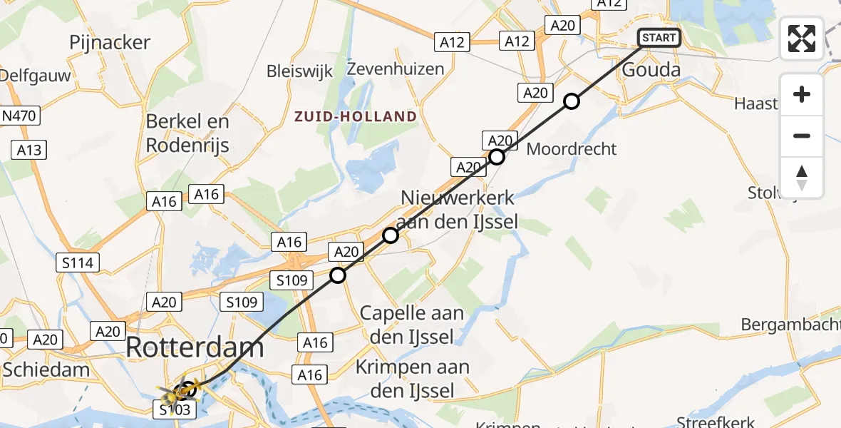 Vluchtroute Traumahelikopter van Gouda naar Leids Universitair Medisch Centrum (LUMC)