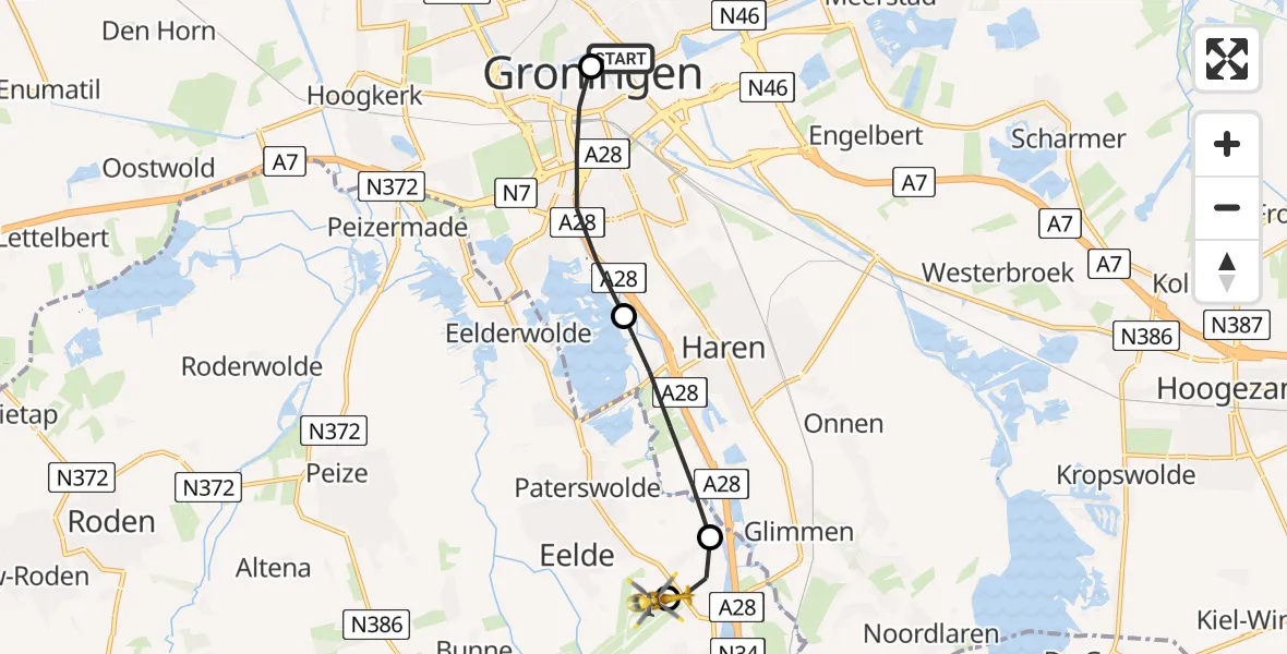 Vluchtroute Traumahelikopter van Universitair Medisch Centrum Groningen naar Groningen Airport Eelde